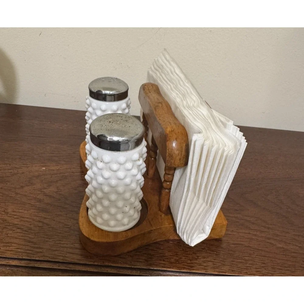Vintage Wood Napkin Holder & Salt/Pepper Shaker Table Caddy Organizer